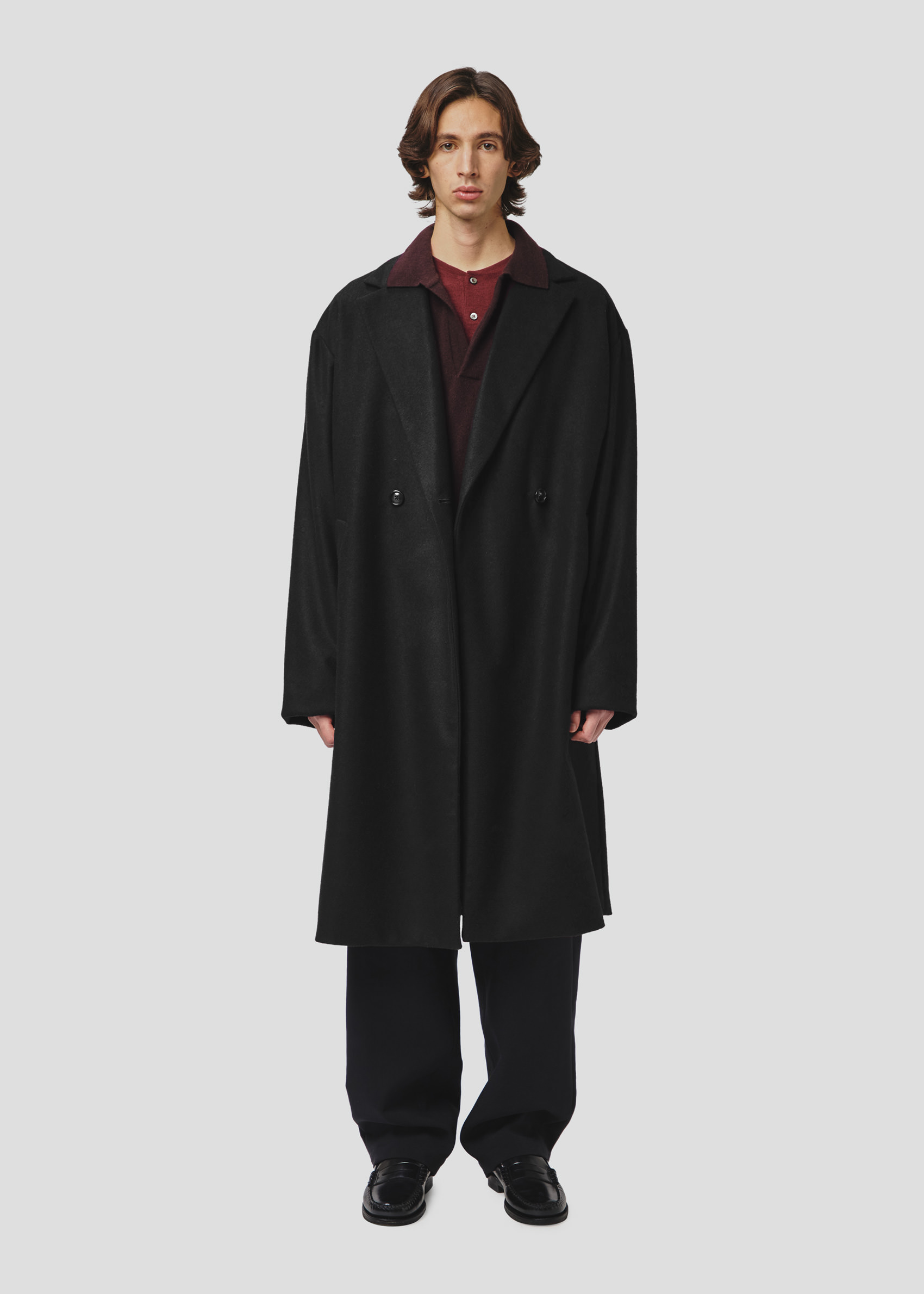 SEVEN GAUGE: COAT DOUBLE BREAST CASHMERE BLEND LONG BLACK