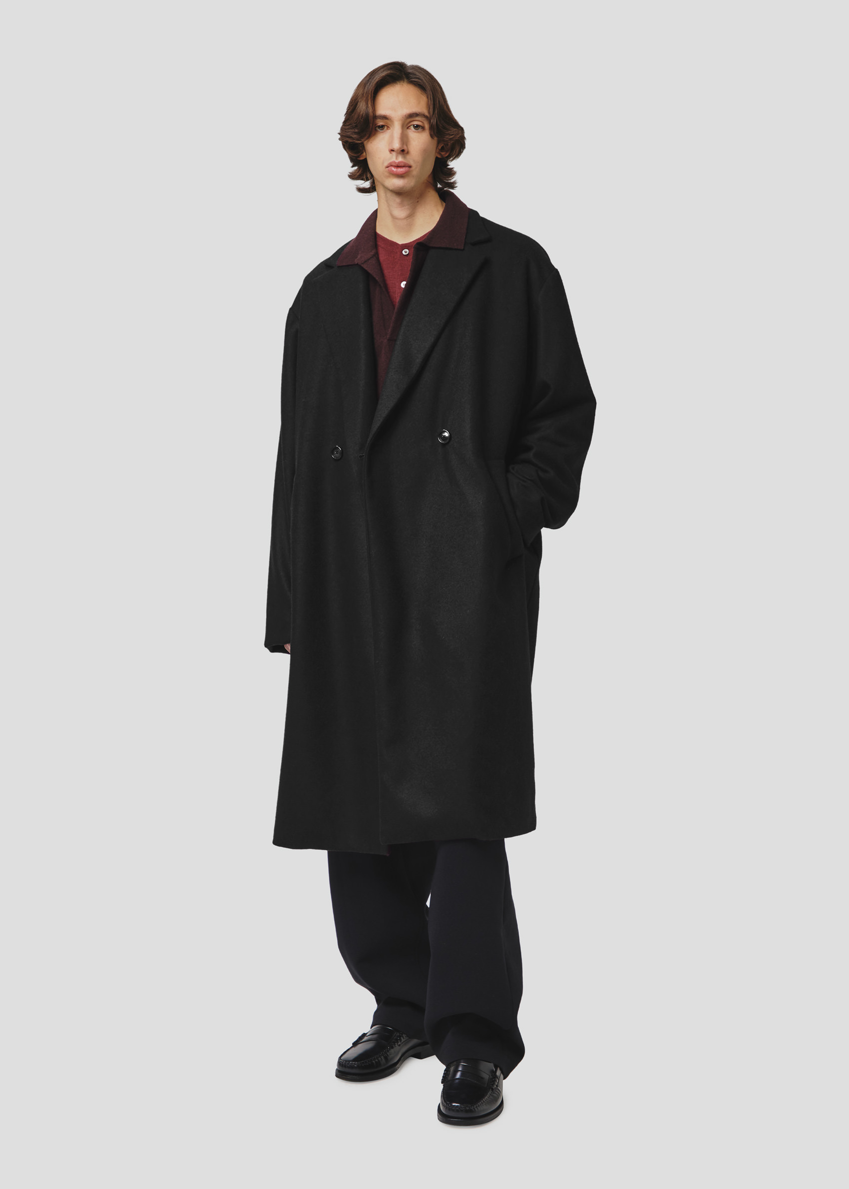 SEVEN GAUGE: COAT DOUBLE BREAST CASHMERE BLEND LONG BLACK